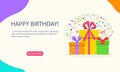 Gift boxes pile with confetti, ribbon and bow. Happy Birthday banner for web, mobile site, infographic, landing page, party Royalty Free Stock Photo